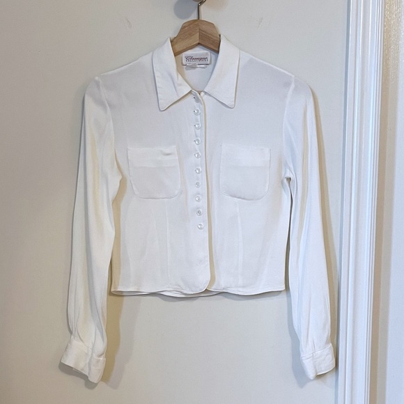 Vintage Tops - White rayon/acetate button down cropped shirt